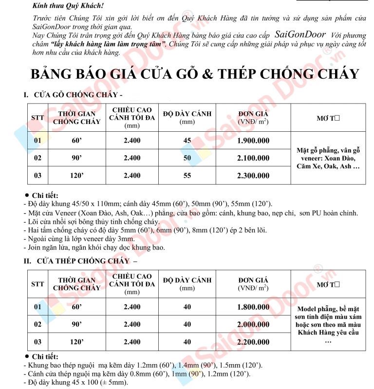 Mẫu cửa gỗ chống cháy cao cấp có bền không? Có an toàn khi sử dụng không? 6 bang-gia-cua-go-chong-chay